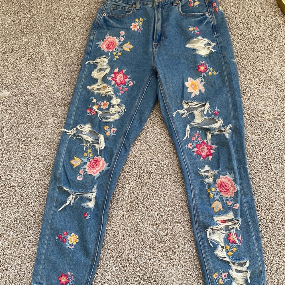 Distressed floral mom jeans